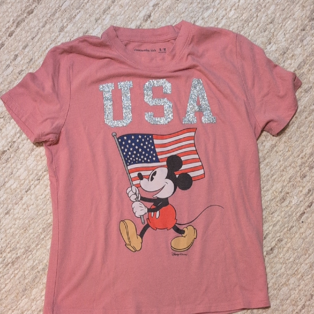 Abercrombie Kids 9/10 Disney Pink Mickey Mouse USA Flag Glitter Graphic Tee